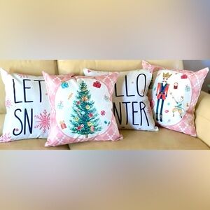 Set/4 Linen Blend Festive Pink Nutcracker Christmas Tree 18" Pillow Covers New